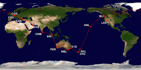 Beispielweltreise mit Billigfliegern und Air New Zealand.